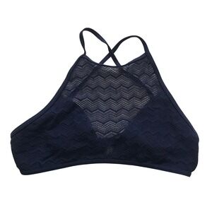 Aerie Navy Blue Chevron Crochet Mesh High Neck Crop Bikini Top Medium Tie Back